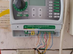 Detailed view of sprinkler timer power connection