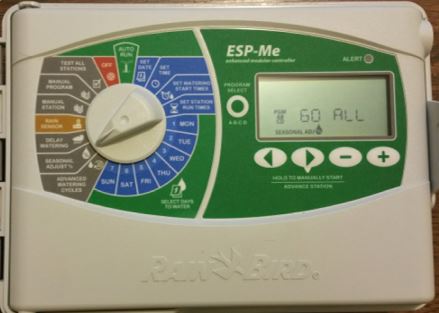 Sprinkler timer dial showing various programming options